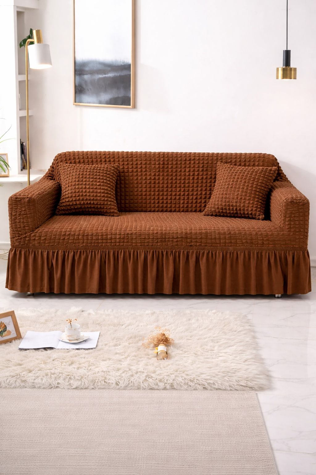 Bubble Frill Stretchable Sofa Cover (Brown Color)