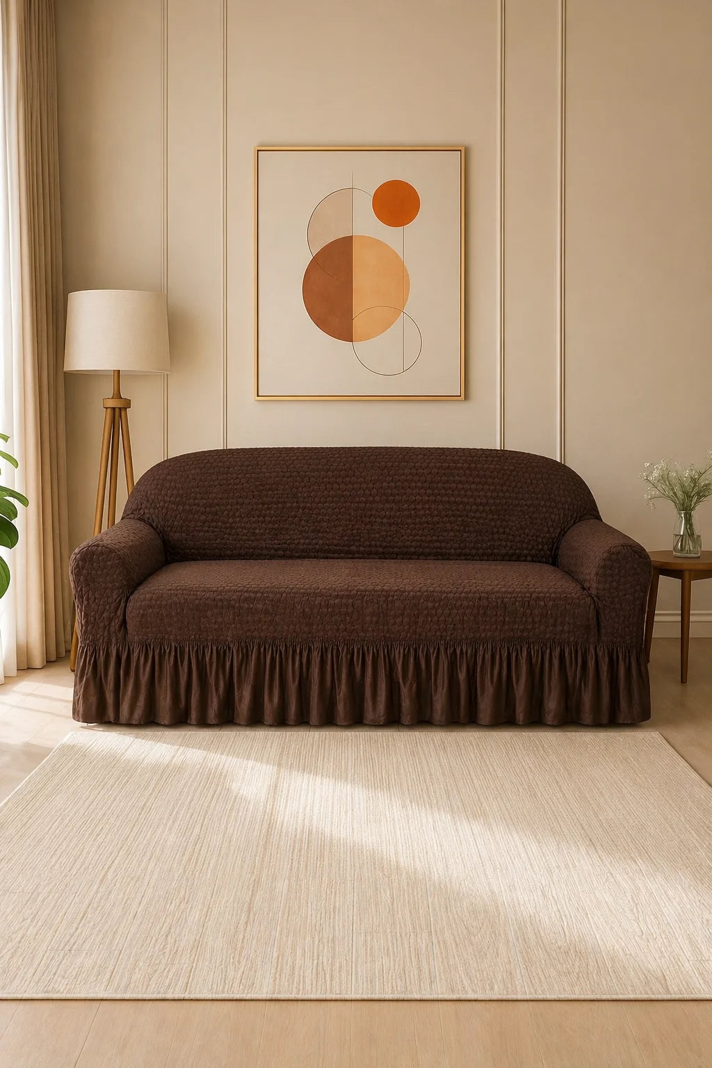 Frill Butterfly Sofa Cover – Soft Stretch (Brown Color)