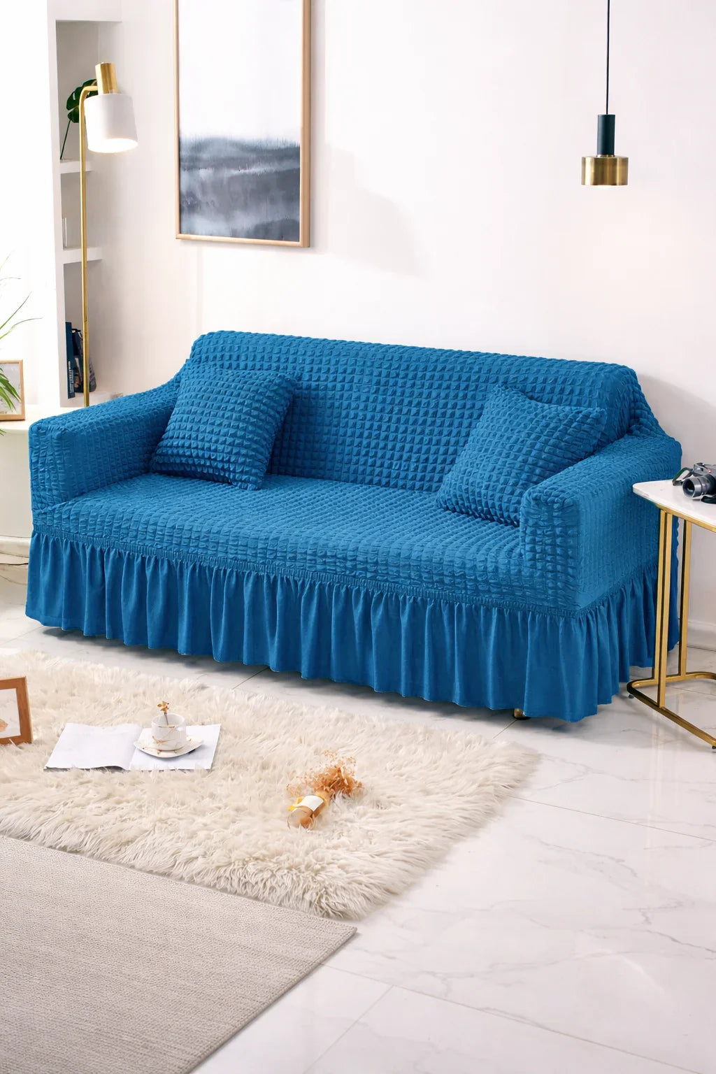 Bubble Frill Stretchable Sofa Cover (Blue Color)