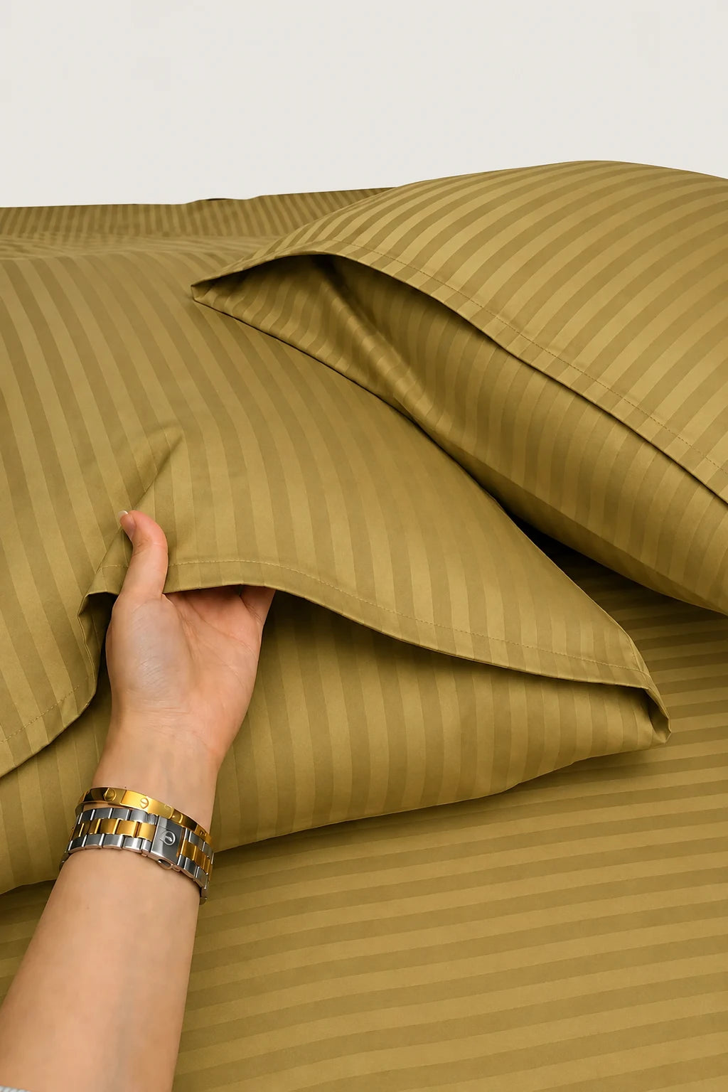Olive Green Stripe Fitted Bedsheet - King Size