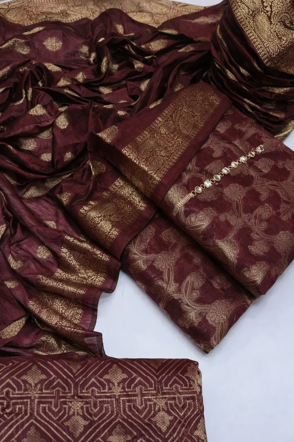 Unstitched Dark Cotton Jacquard 3-Piece Set featuring Printed Front, Sleeves, Back, Dupatta & Jacquard Trousers