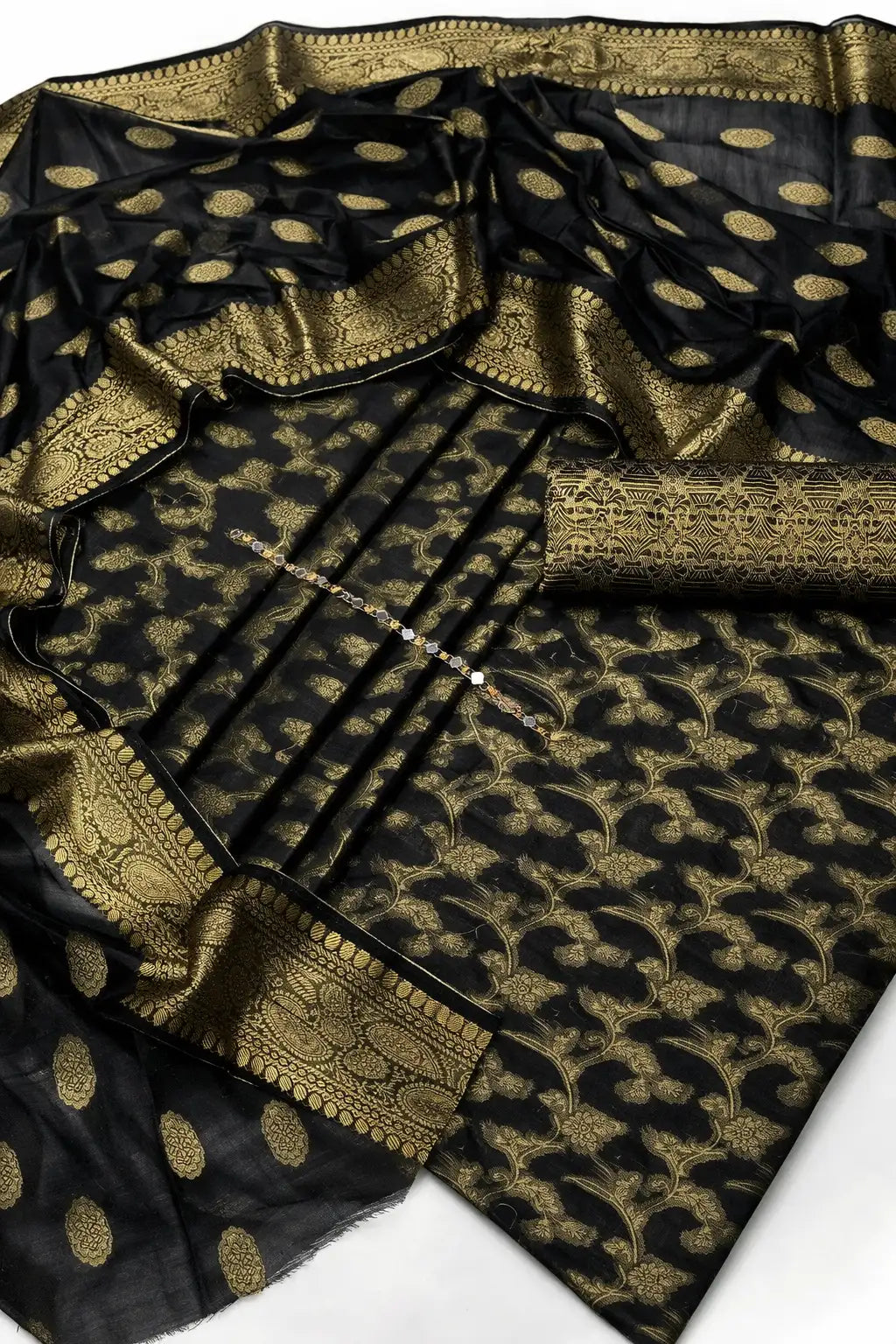 Unstitched Dark Cotton Jacquard 3-Piece Set featuring Printed Front, Sleeves, Back, Dupatta & Jacquard Trousers