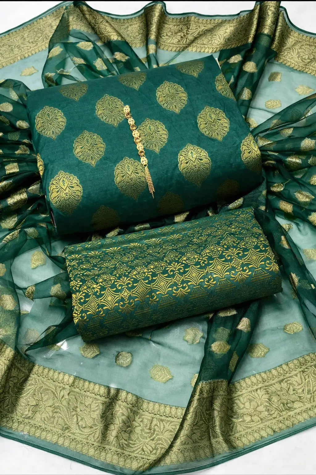 Unstitched Dark Cotton Jacquard 3-Piece Set featuring Printed Front, Sleeves, Back, Dupatta & Jacquard Trousers