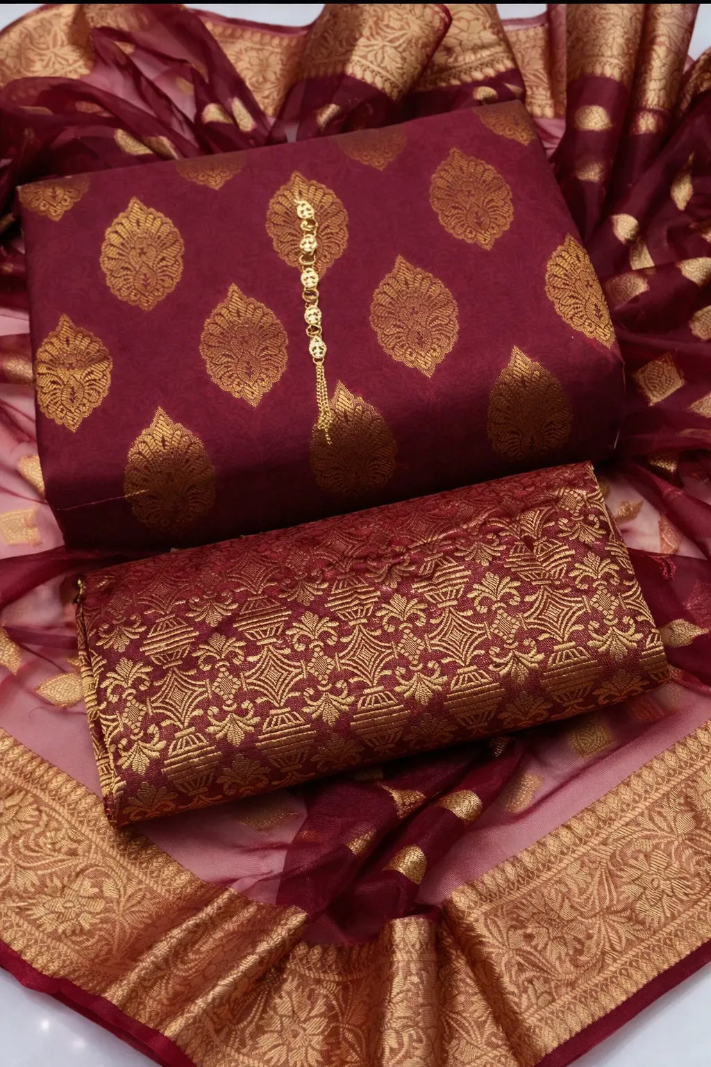 Unstitched Dark Cotton Jacquard 3-Piece Set featuring Printed Front, Sleeves, Back, Dupatta & Jacquard Trousers