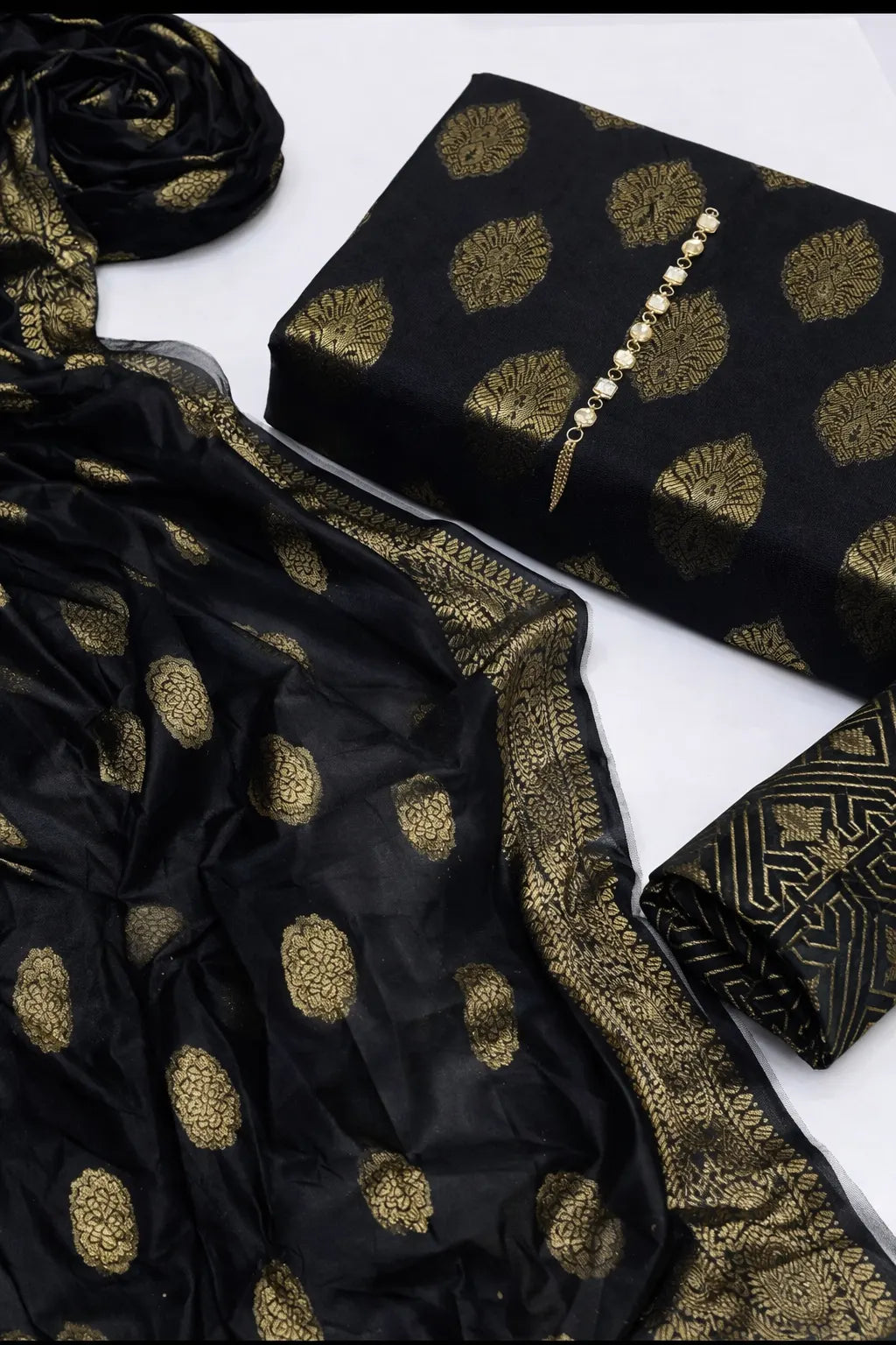 Unstitched Dark Cotton Jacquard 3-Piece Set featuring Printed Front, Sleeves, Back, Dupatta & Jacquard Trousers