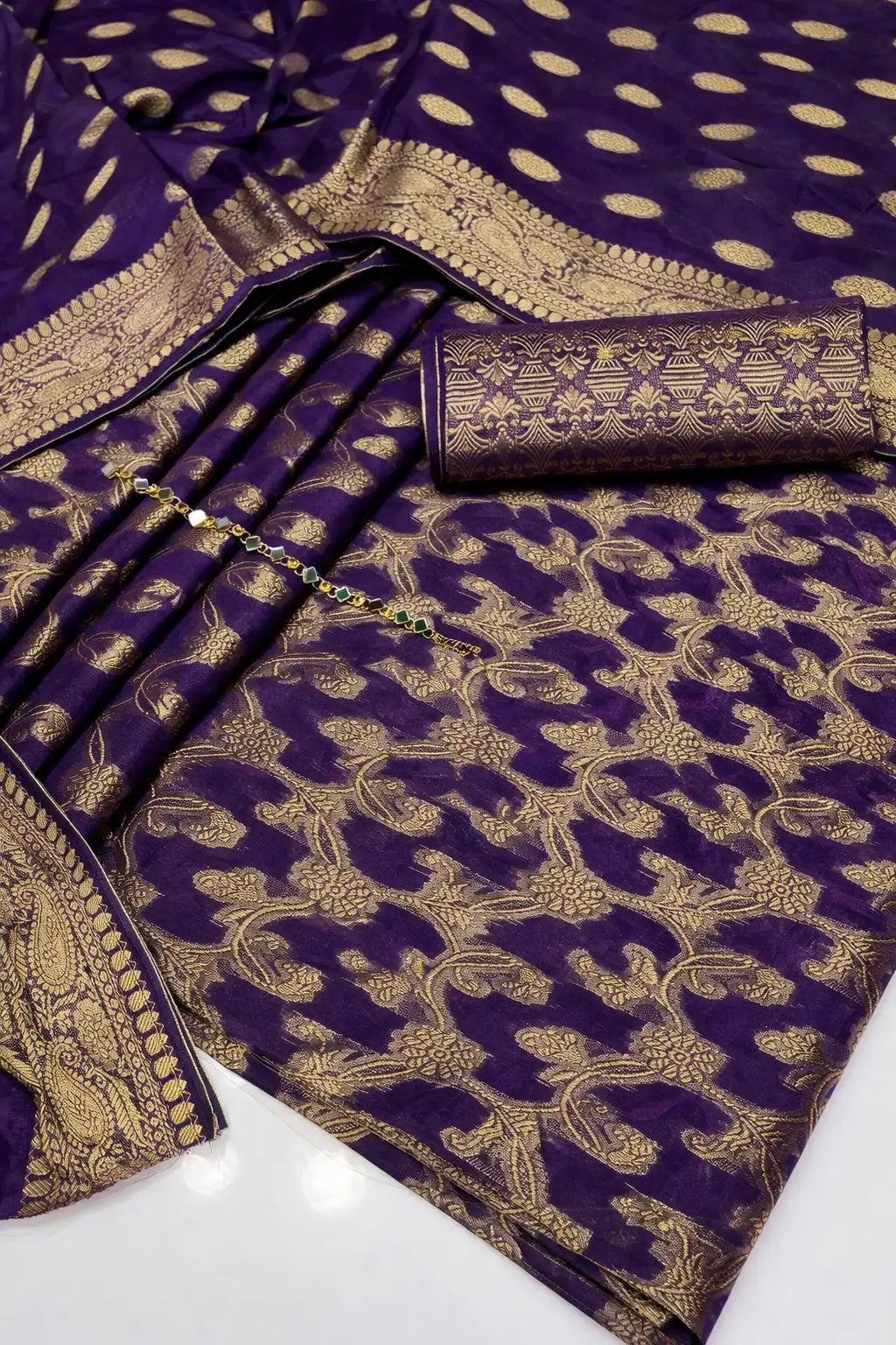 Unstitched Dark Cotton Jacquard 3-Piece Set featuring Printed Front, Sleeves, Back, Dupatta & Jacquard Trousers