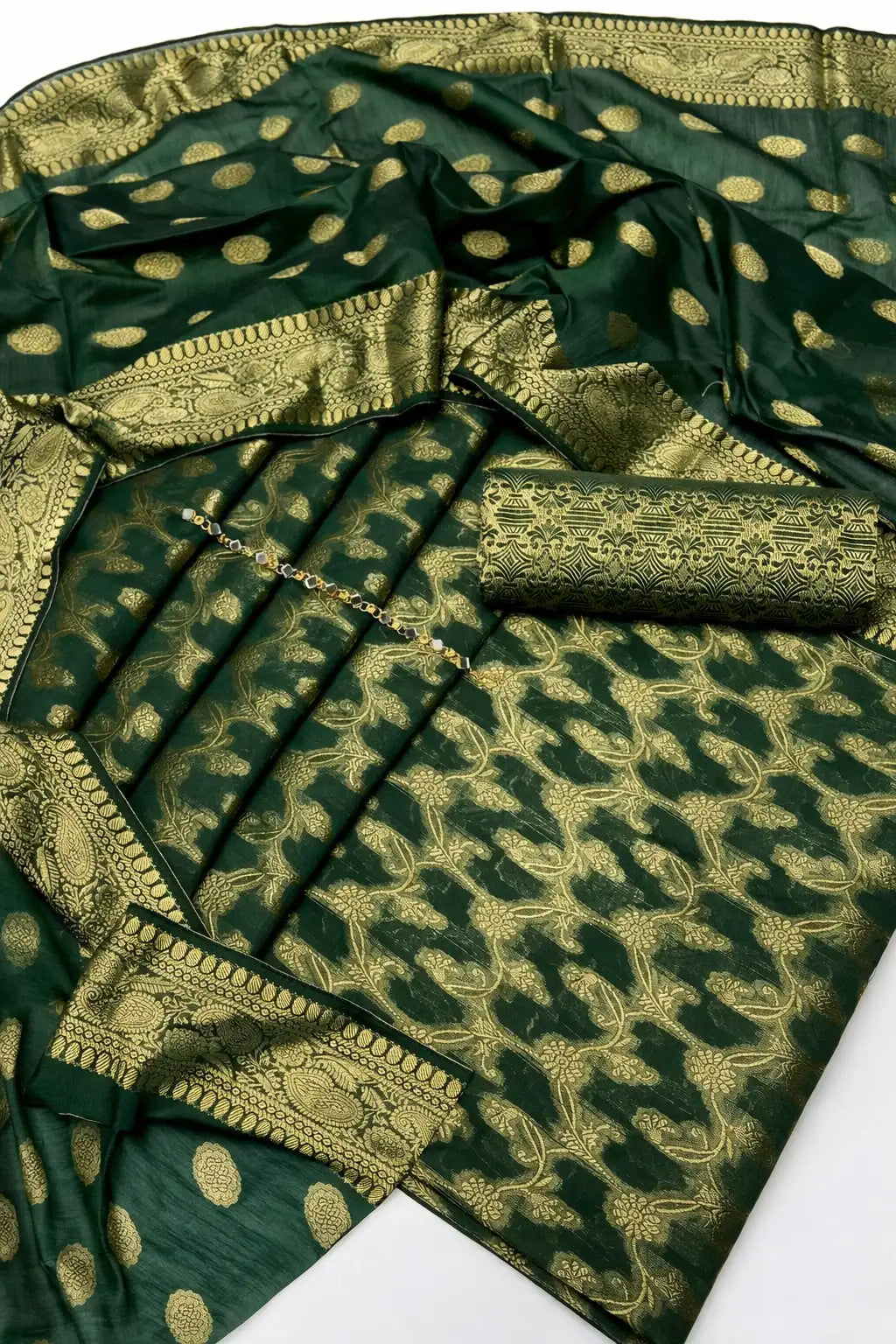 Unstitched Dark Cotton Jacquard 3-Piece Set featuring Printed Front, Sleeves, Back, Dupatta & Jacquard Trousers