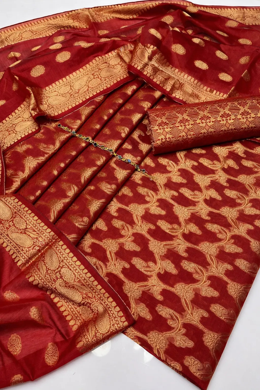 Unstitched Dark Cotton Jacquard 3-Piece Set featuring Printed Front, Sleeves, Back, Dupatta & Jacquard Trousers