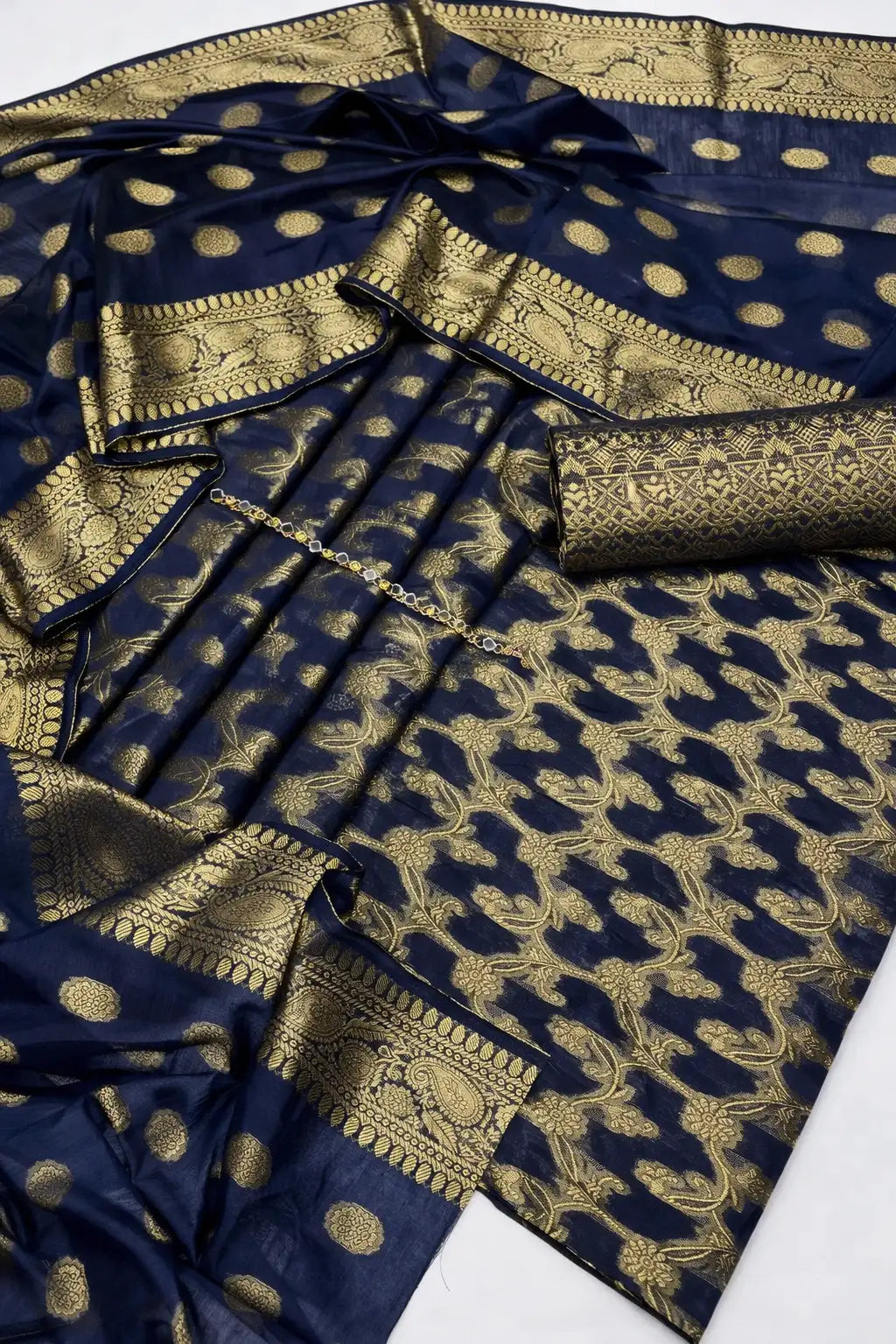 Unstitched Dark Cotton Jacquard 3-Piece Set featuring Printed Front, Sleeves, Back, Dupatta & Jacquard Trousers