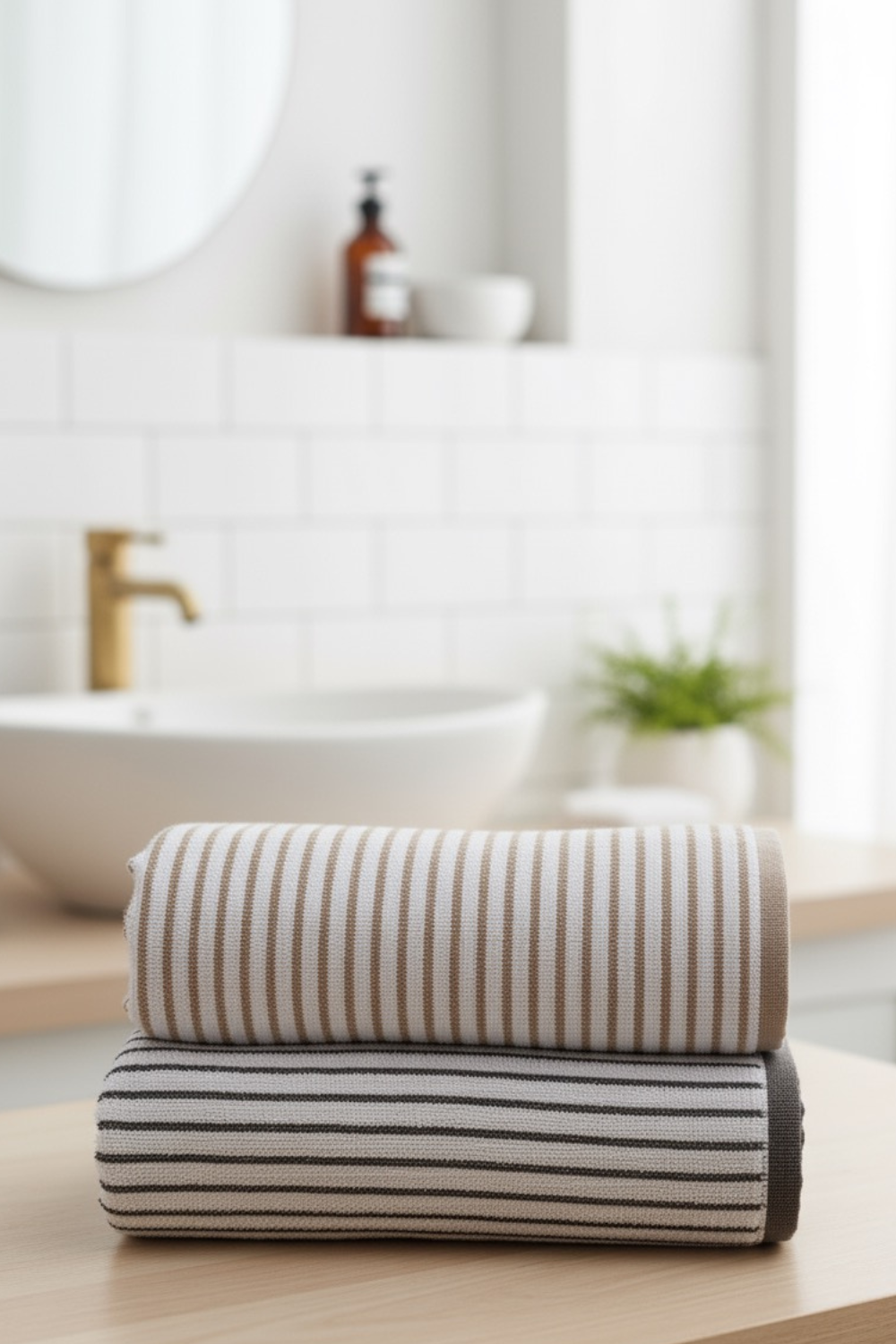 Premium Cotton Stripe Bath Towel Set – Pack of 2 (Beige & Brown)