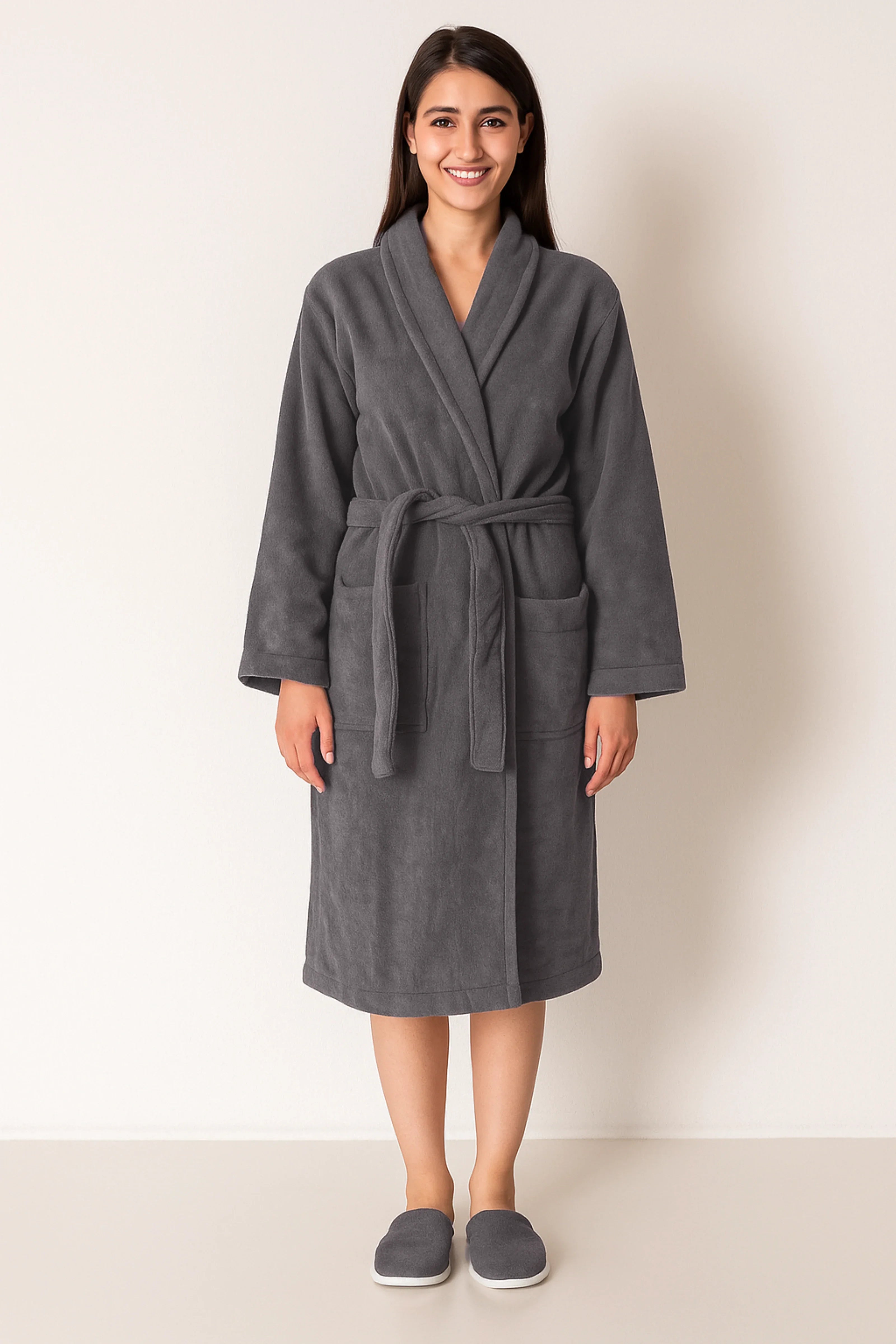 Unisex Luxury Shawl Collar Bathrobe – Soft Microfiber, Classic Grey