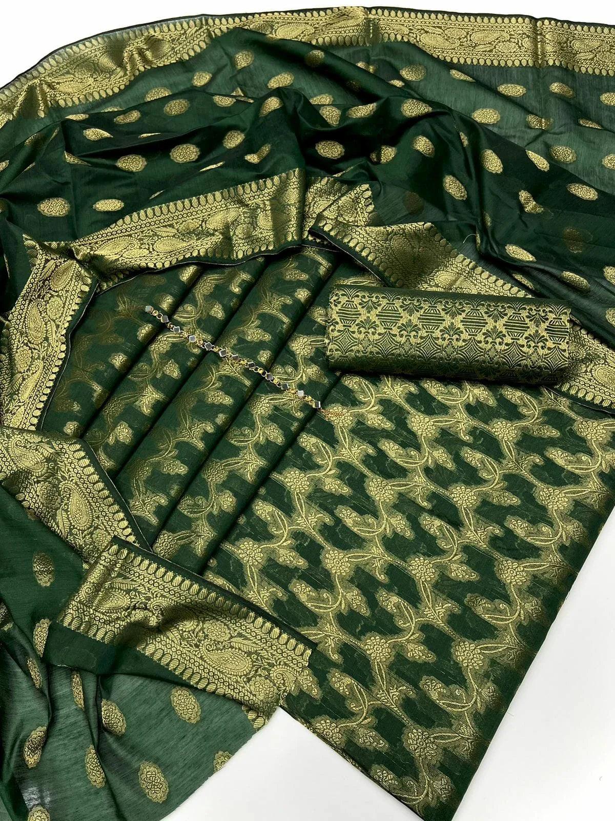 Unstitched Dark Cotton Jacquard 3-Piece Set featuring Printed Front, Sleeves, Back, Dupatta & Jacquard Trousers