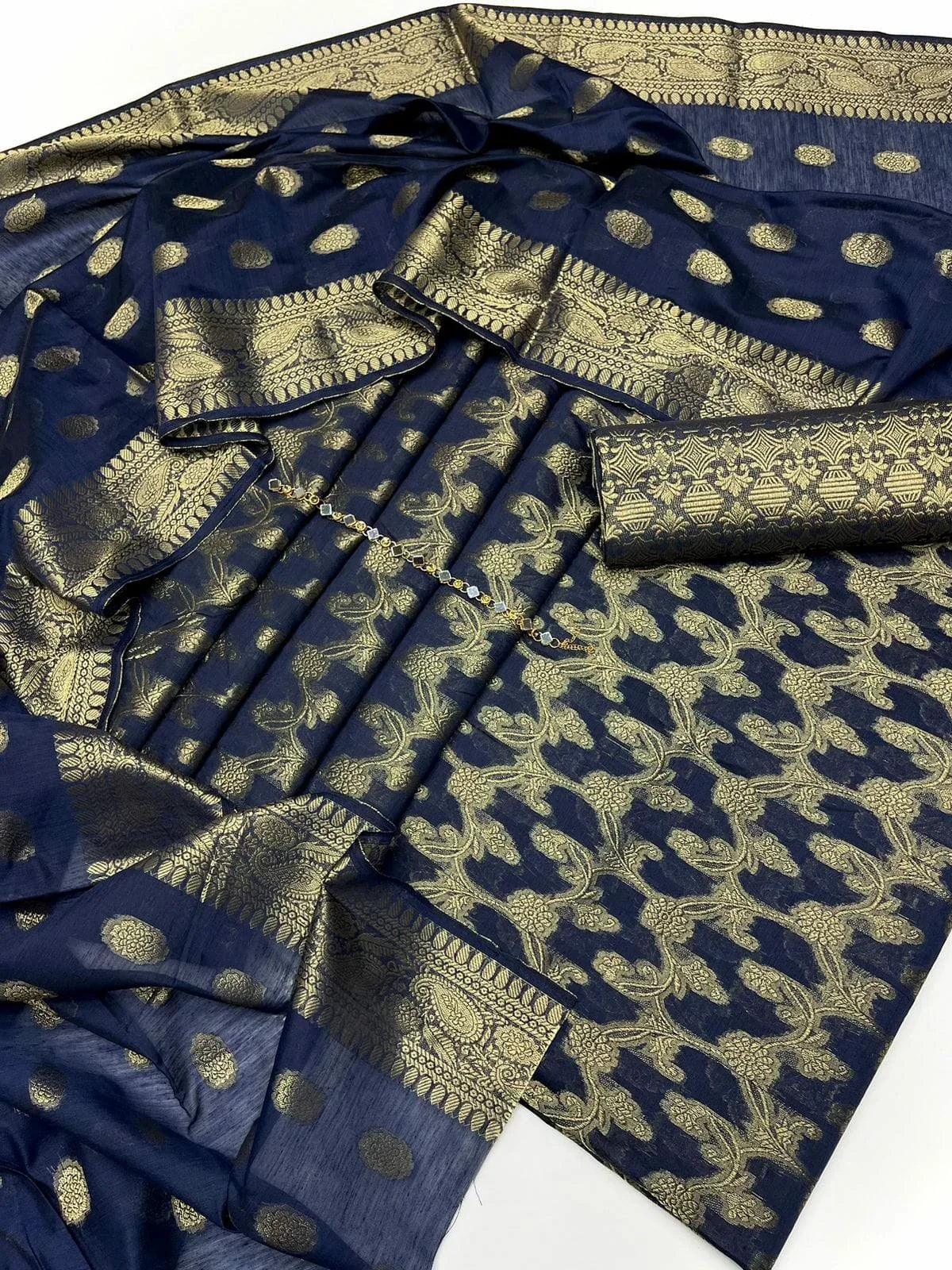 Unstitched Dark Cotton Jacquard 3-Piece Set featuring Printed Front, Sleeves, Back, Dupatta & Jacquard Trousers