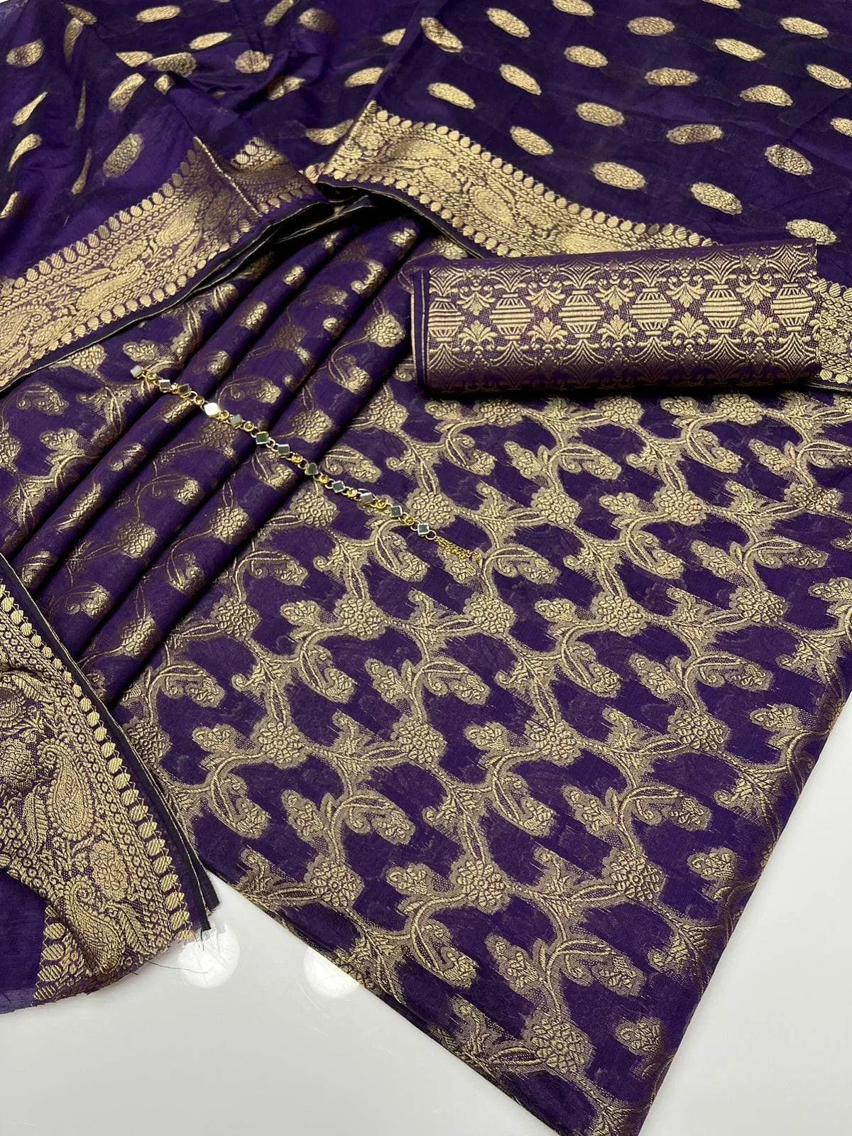 Unstitched Dark Cotton Jacquard 3-Piece Set featuring Printed Front, Sleeves, Back, Dupatta & Jacquard Trousers