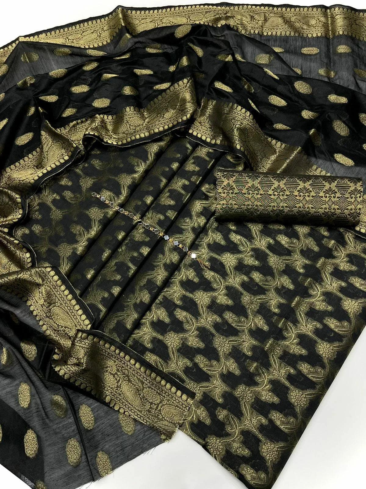 Unstitched Dark Cotton Jacquard 3-Piece Set featuring Printed Front, Sleeves, Back, Dupatta & Jacquard Trousers