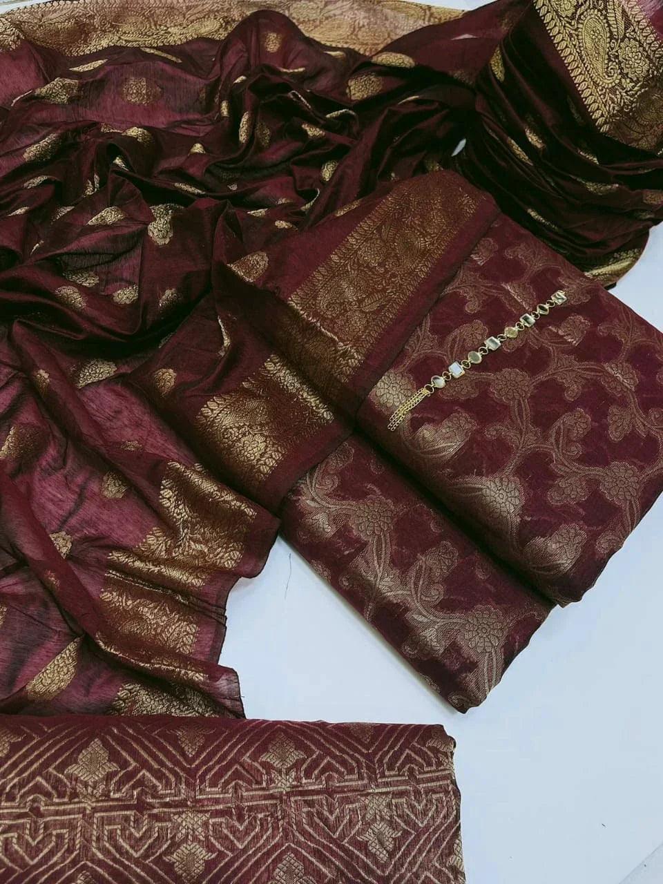 Unstitched Dark Cotton Jacquard 3-Piece Set featuring Printed Front, Sleeves, Back, Dupatta & Jacquard Trousers