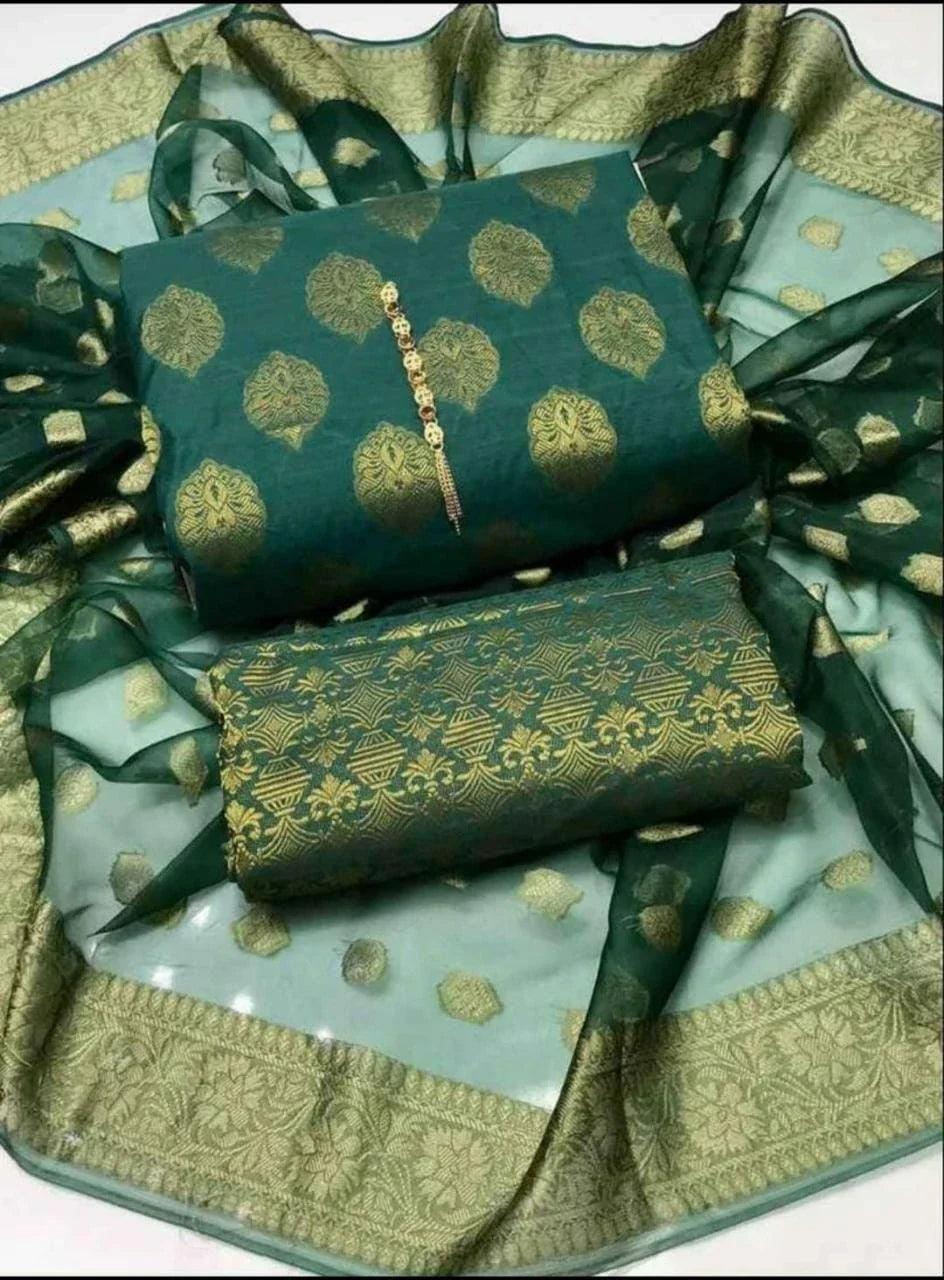 Unstitched Dark Cotton Jacquard 3-Piece Set featuring Printed Front, Sleeves, Back, Dupatta & Jacquard Trousers