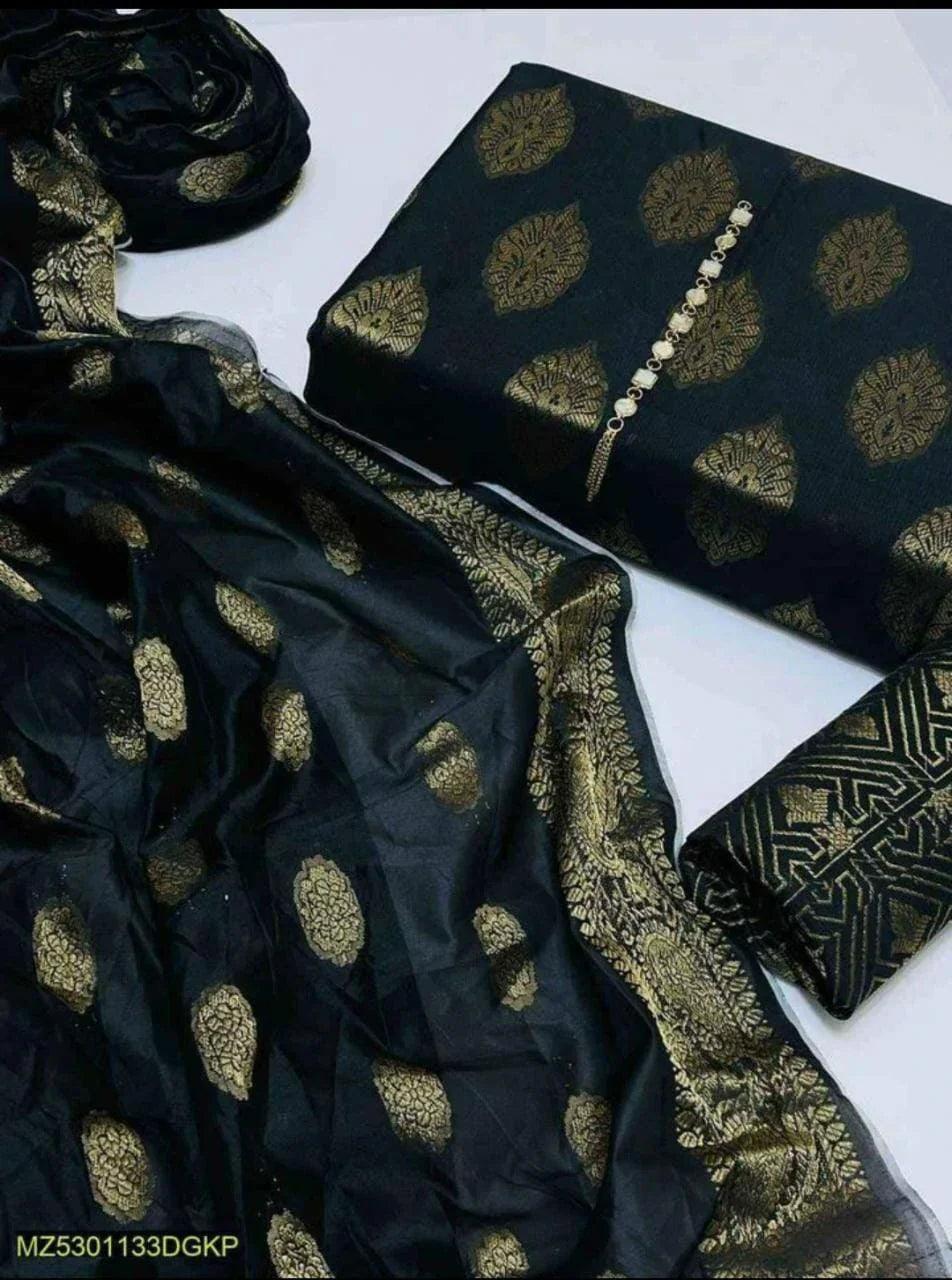 Unstitched Dark Cotton Jacquard 3-Piece Set featuring Printed Front, Sleeves, Back, Dupatta & Jacquard Trousers