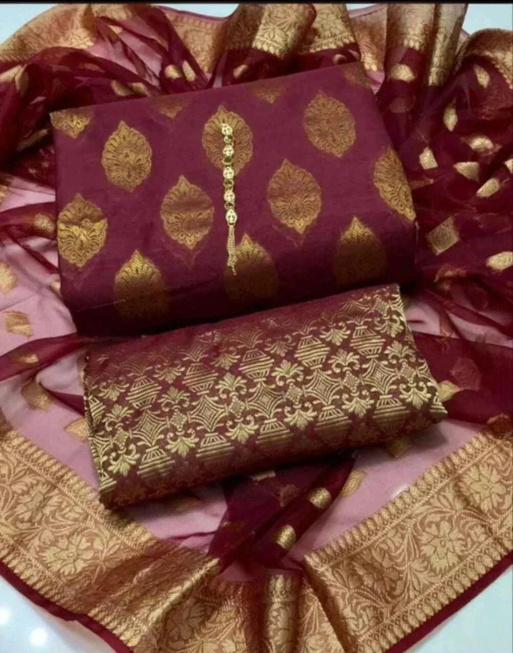 Unstitched Dark Cotton Jacquard 3-Piece Set featuring Printed Front, Sleeves, Back, Dupatta & Jacquard Trousers