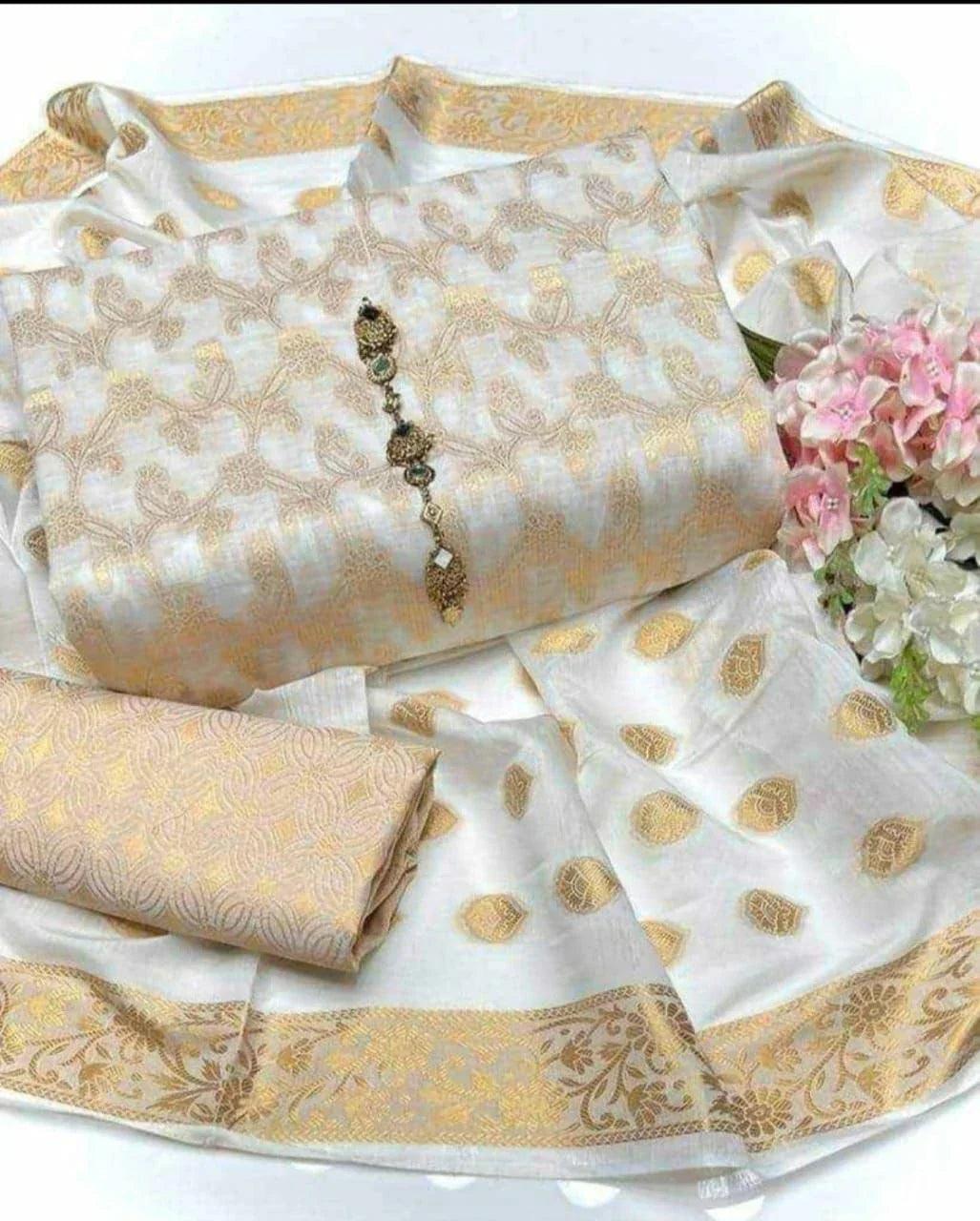 Elevate Your Eid Look: Unstitched Cotton Jacquard 3-Piece Set in Light Colors