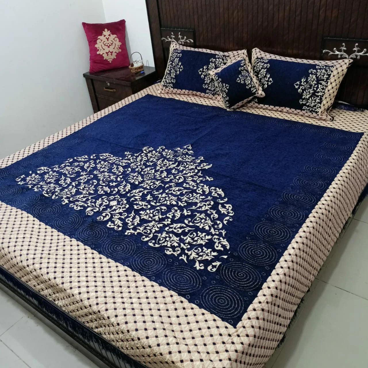 Premium Fomi Four Border Jacquard Bed Sheet Set – 4 Pcs: 1 Fomi Bed Sheet, 2 Pillow Covers, 1 Cushion Cover