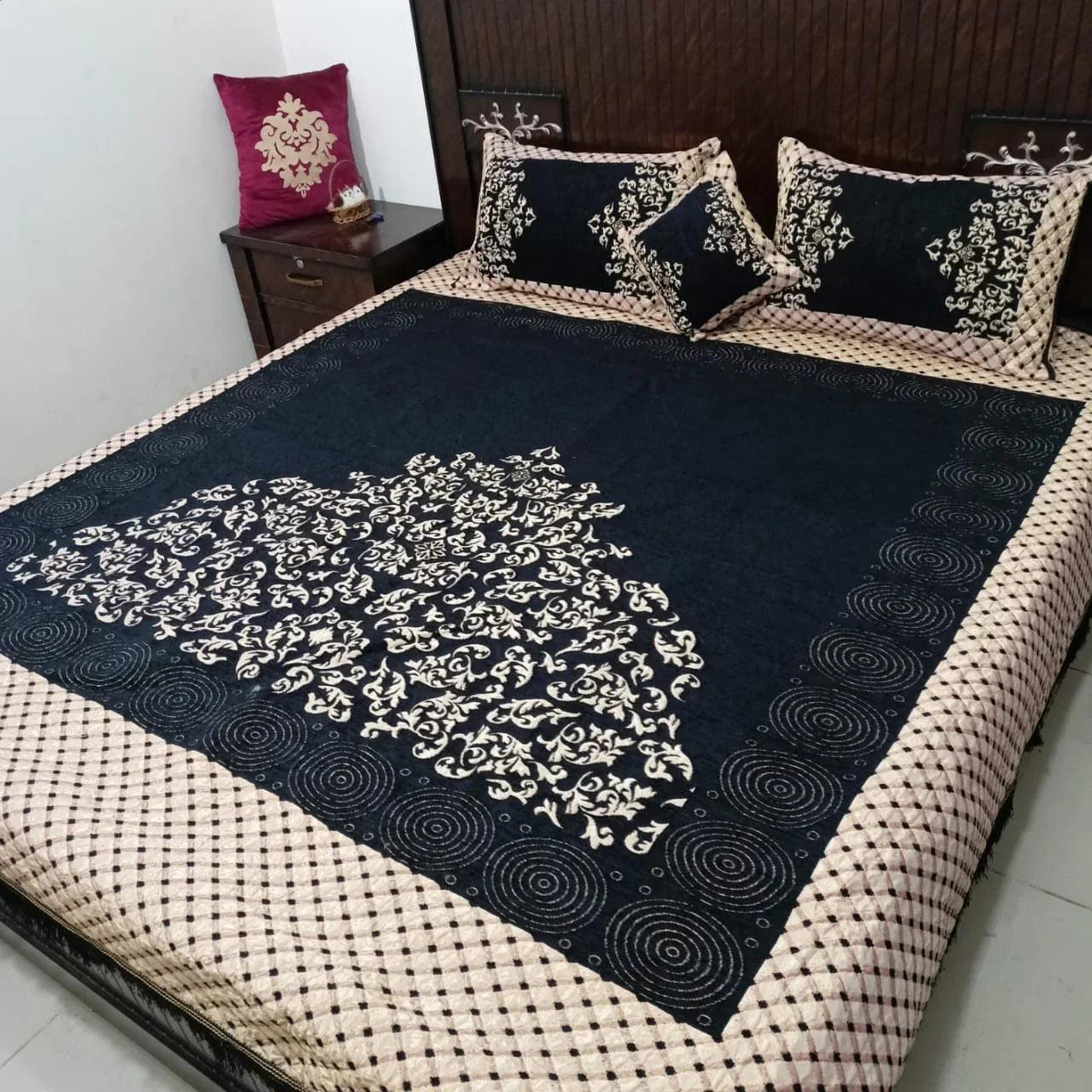 Premium Fomi Four Border Jacquard Bed Sheet Set – 4 Pcs: 1 Fomi Bed Sheet, 2 Pillow Covers, 1 Cushion Cover