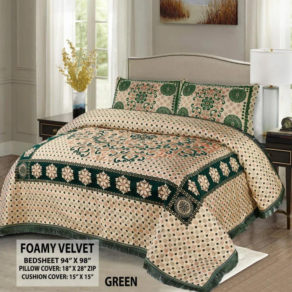 Premium Fomi Four Border Jacquard Bed Sheet Set – 5 Pcs: 1 Fomi Bed Sheet, 2 Pillow Covers, 1 Cushion Cover