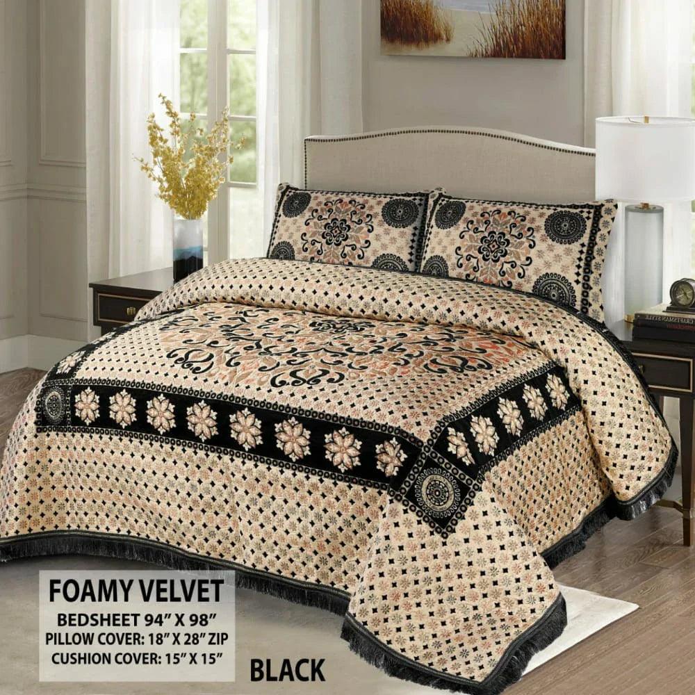 Premium Fomi Four Border Jacquard Bed Sheet Set – 5 Pcs: 1 Fomi Bed Sheet, 2 Pillow Covers, 1 Cushion Cover