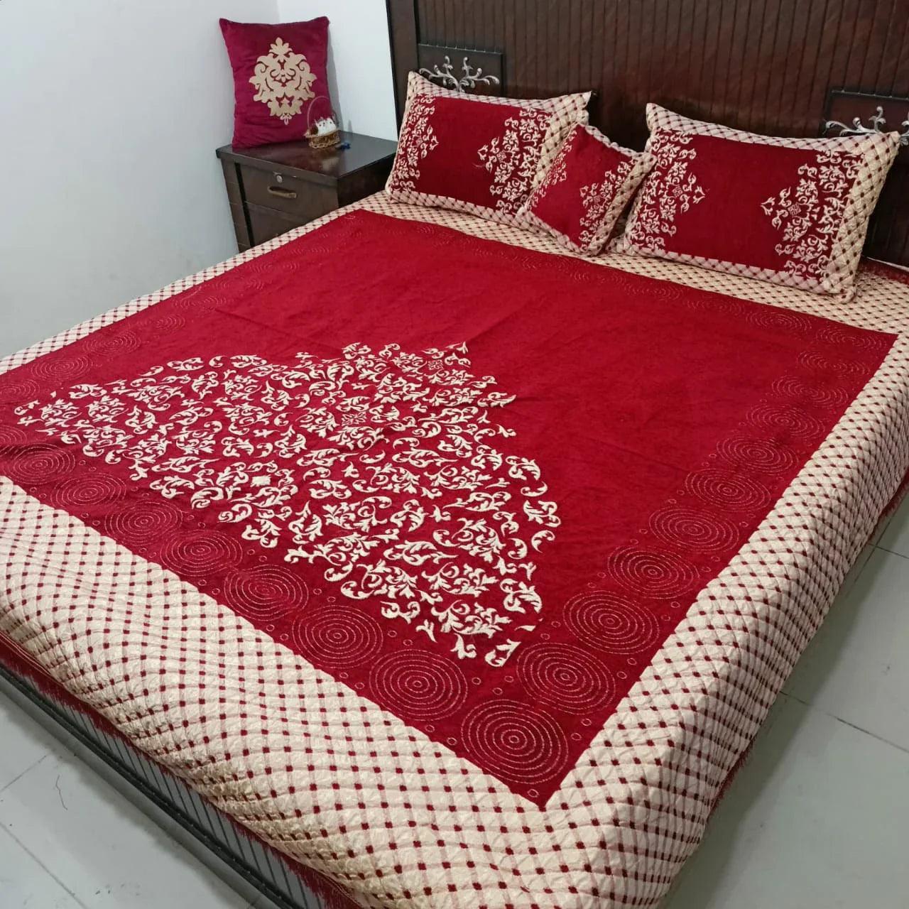 Premium Fomi Four Border Jacquard Bed Sheet Set – 4 Pcs: 1 Fomi Bed Sheet, 2 Pillow Covers, 1 Cushion Cover