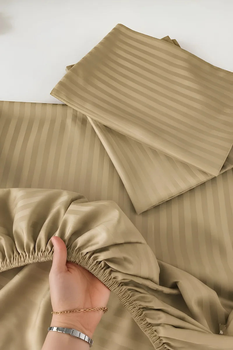 Beige Stripe Fitted Bedsheet - King Size