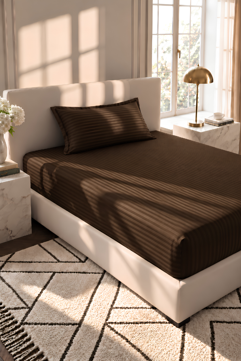 Chocolate Brown Stripe Fitted Bedsheet - King Size