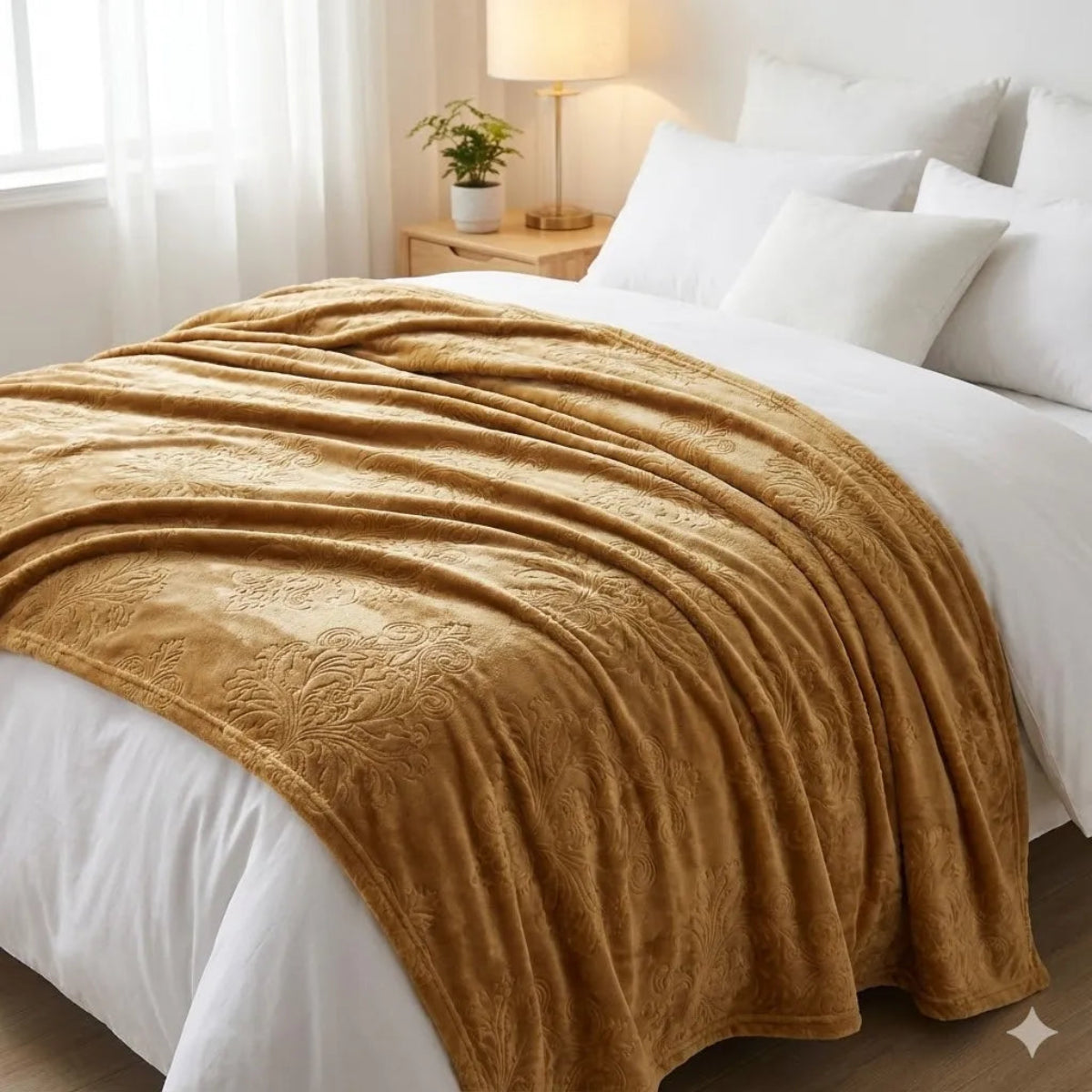Premium Light Camel Dyed Embossed AC Fleece Blanket