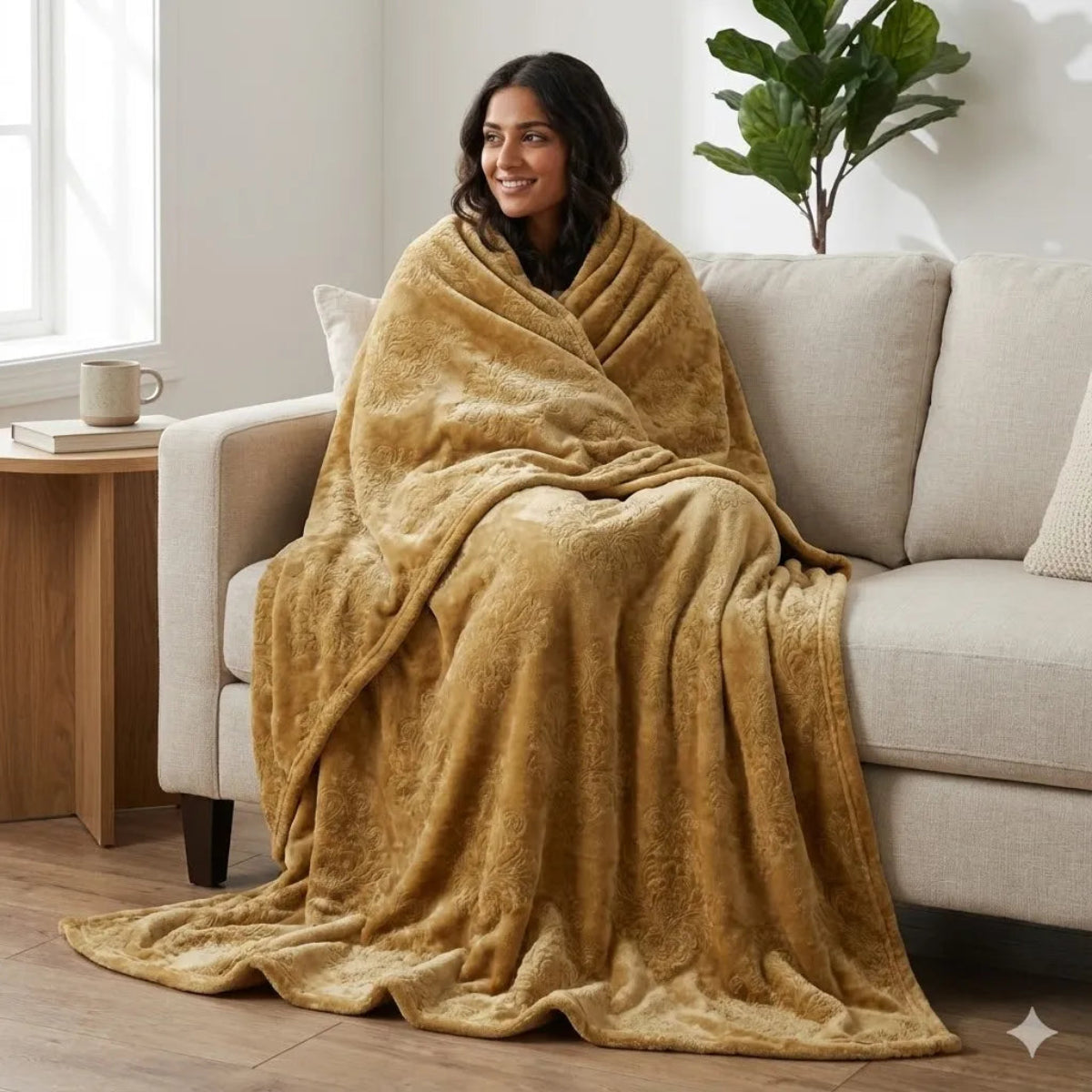 Premium Light Camel Dyed Embossed AC Fleece Blanket