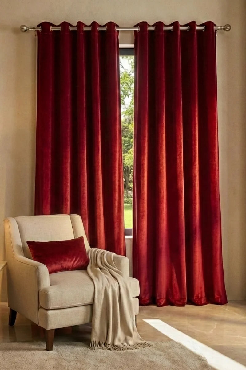 Maroon Red Luxury Solid Velvet Grommet Curtain Set of 2 for Home Decor