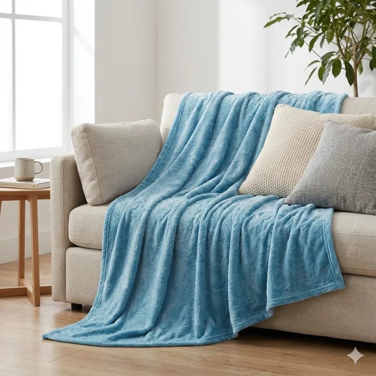 Premium Sky Blue Dyed Embossed AC Fleece Blanket