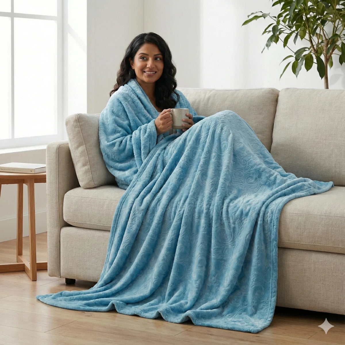 Premium Sky Blue Dyed Embossed AC Fleece Blanket