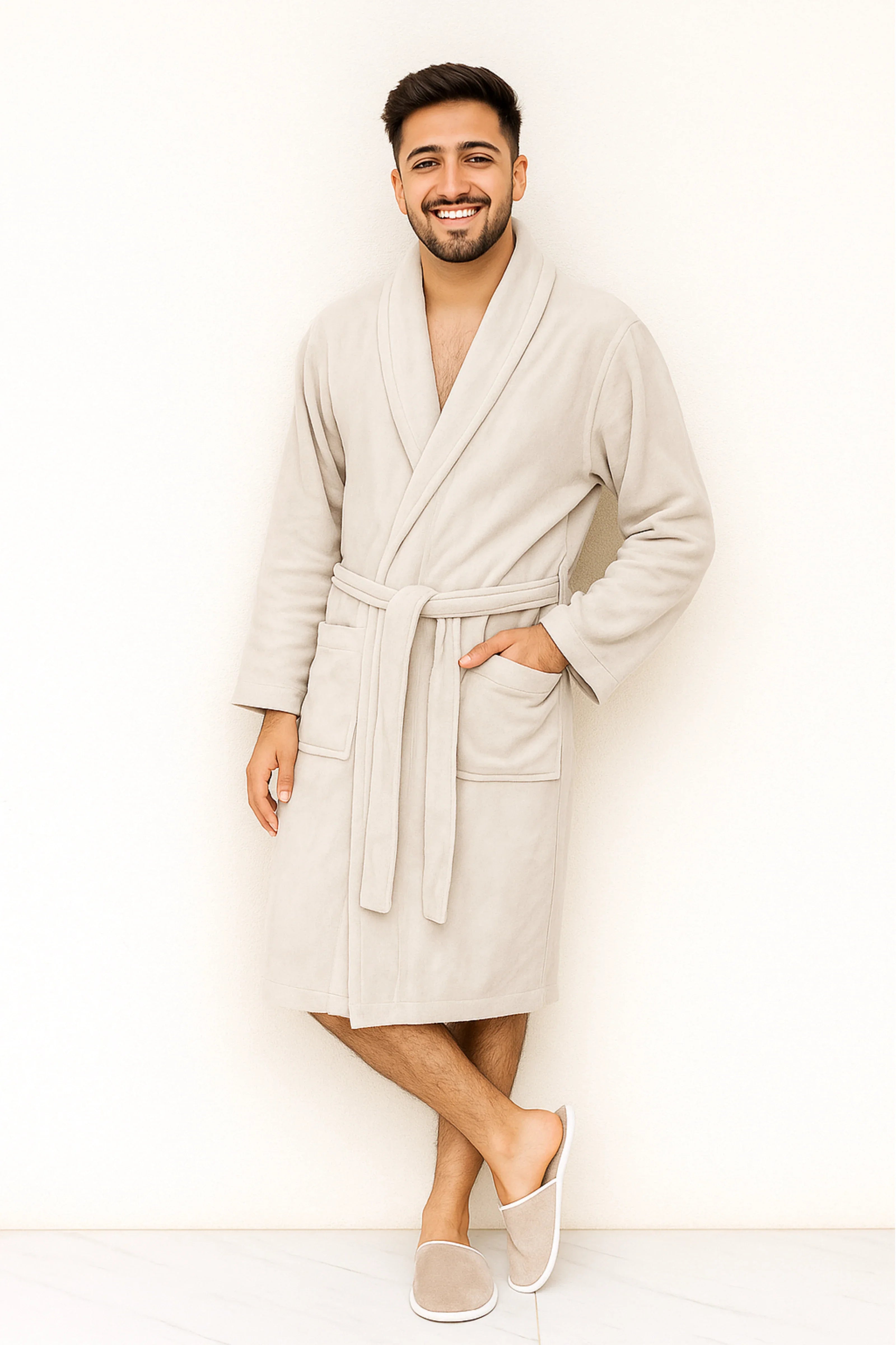 Unisex Classic Bathrobe – Soft Beige, Microfiber, Minimalist Design