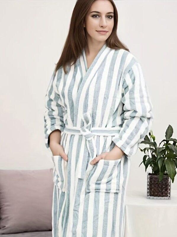 Classic Striped Bathrobe | Sophisticated Mint & White Design | Luxurious Comfort