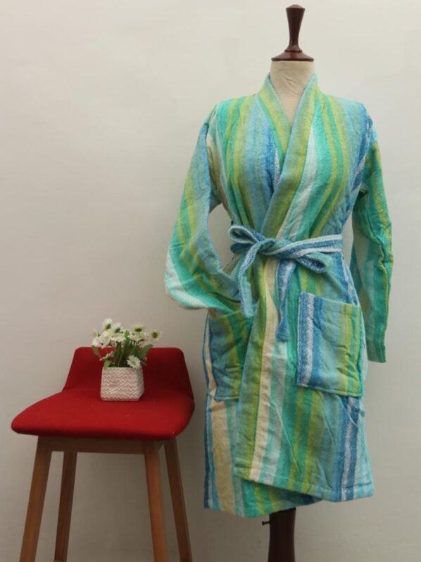 Elegant Cold Striped Bathrobe | Refreshing Green & Blue Hues | Unisex Comfort