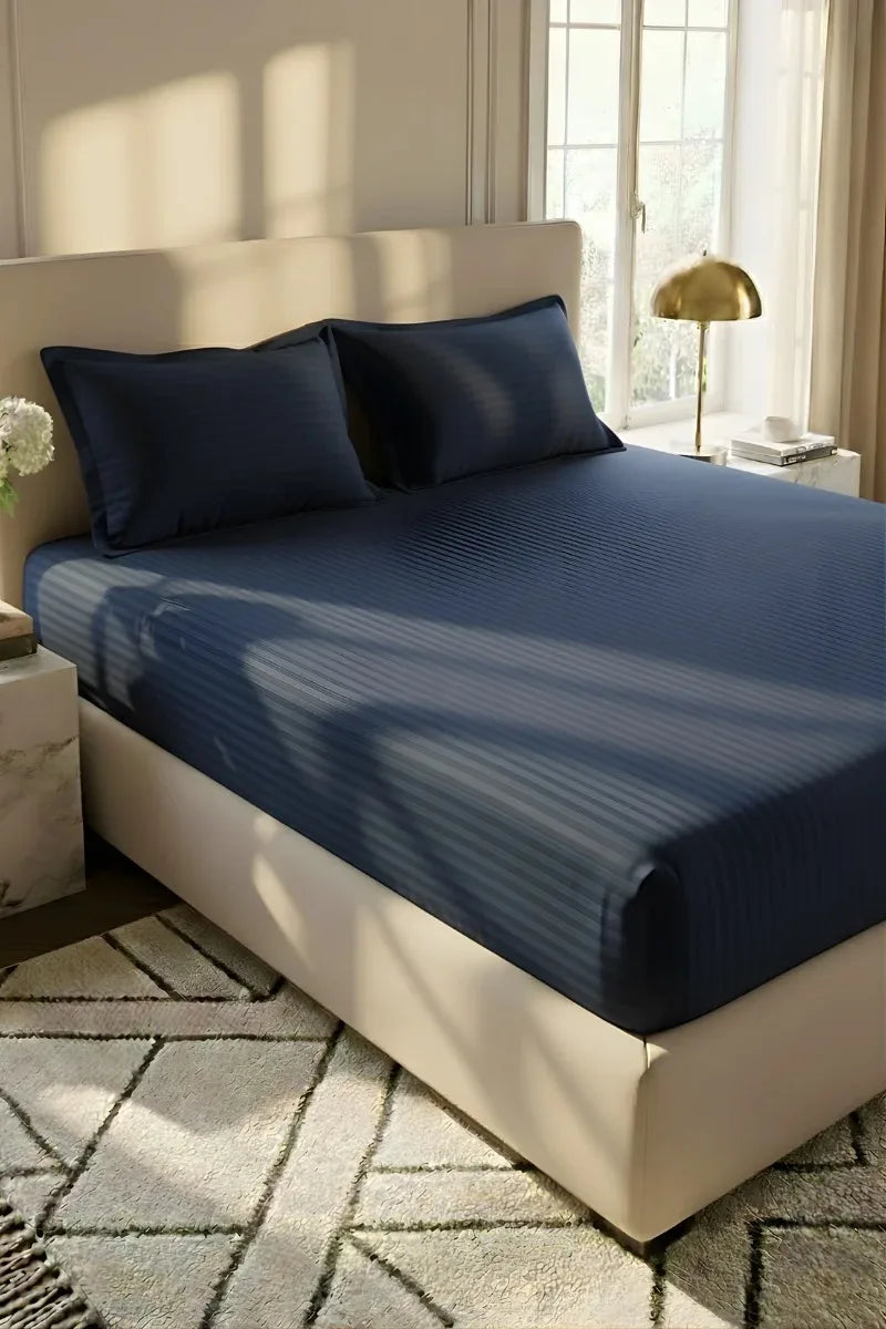Midnight Navy Blue 5-Piece Stripe Fitted Bedsheet Set – King Size