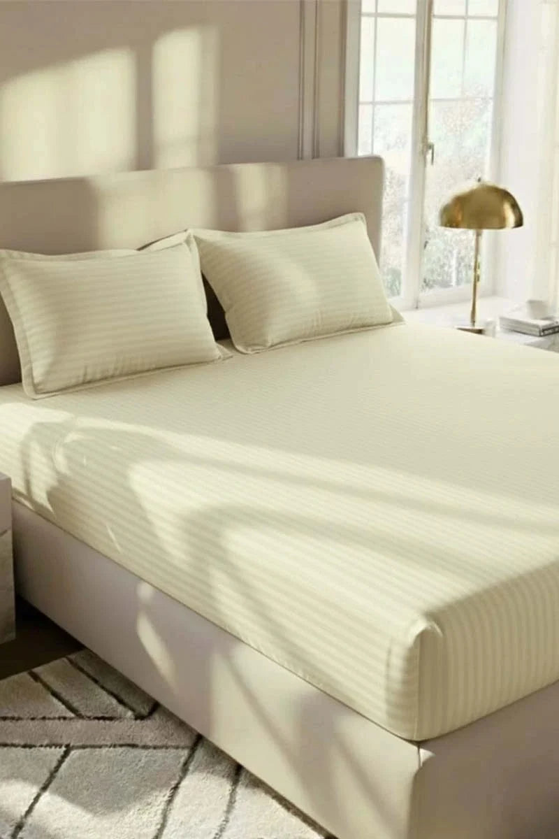 Ivory Cream 5-Piece Stripe Fitted Bedsheet Set – King Size