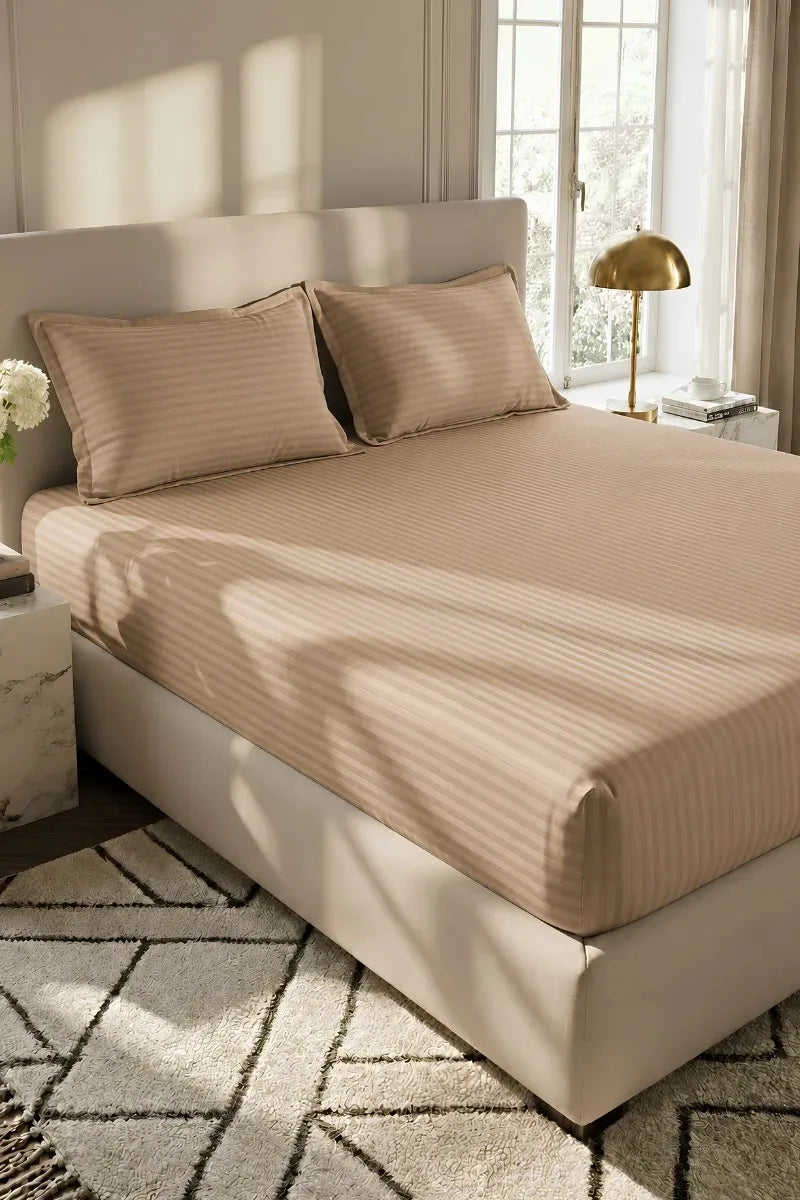 Sand Beige Stripe Fitted Bedsheet – Single Size