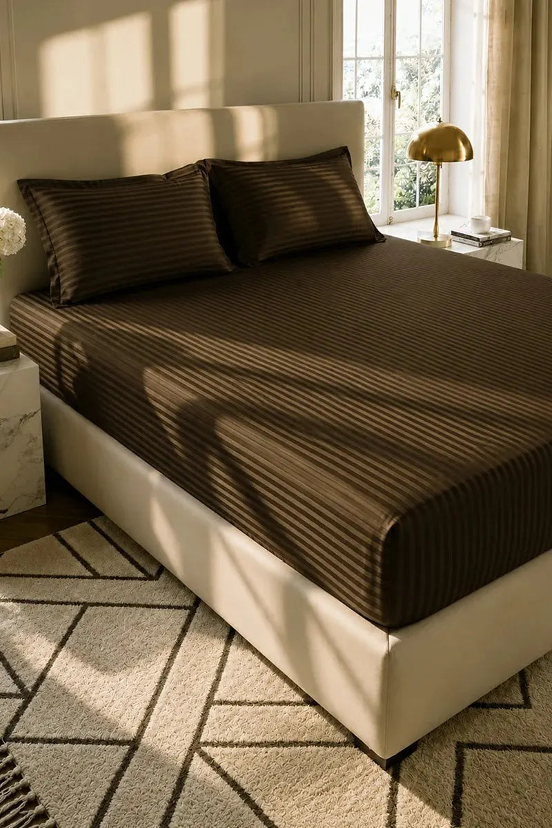 Dark Chocolate Brown Stripe Fitted Bedsheet – Single Size