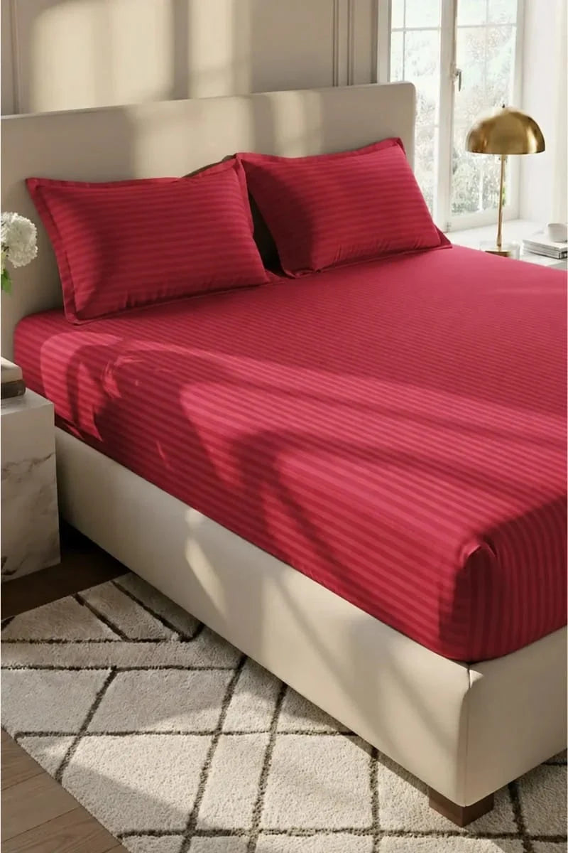 Ruby Red 5-Piece Stripe Fitted Bedsheet Set – King Size