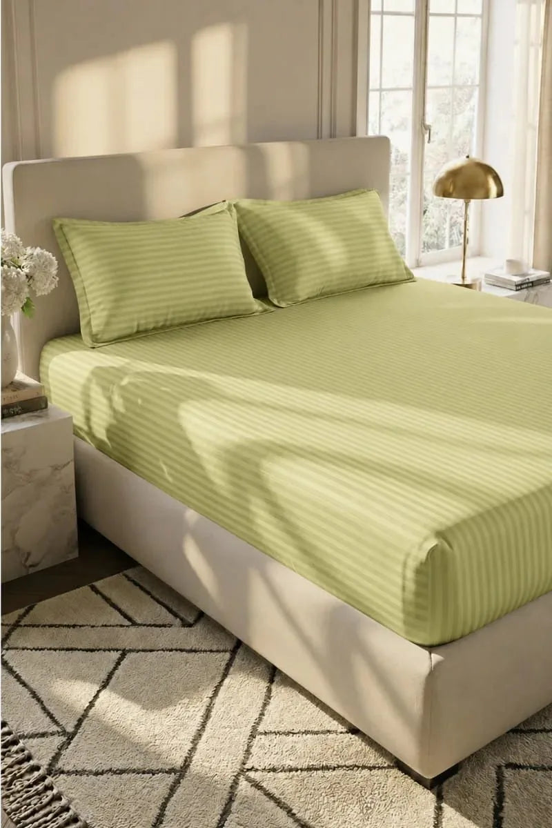 Pistachio Green Stripe Fitted Bedsheet – Single Size