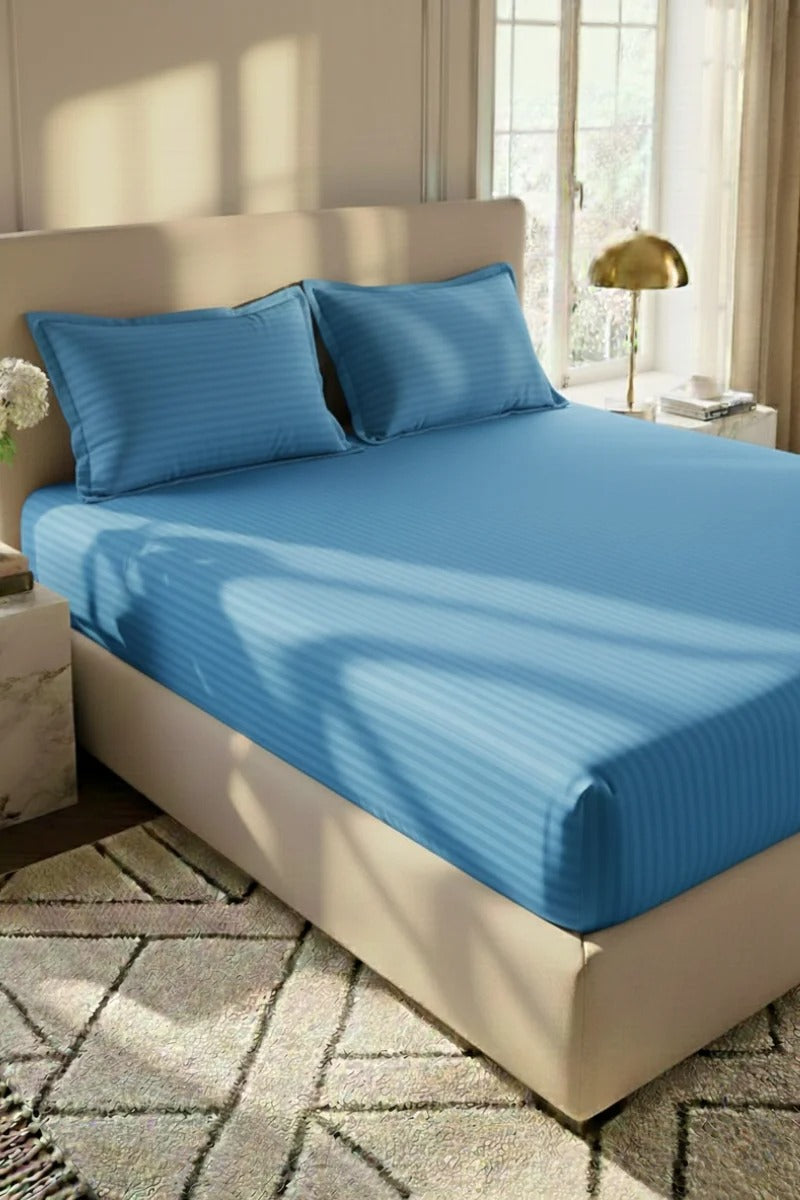 Sky Blue Stripe Fitted Bedsheet - King Size