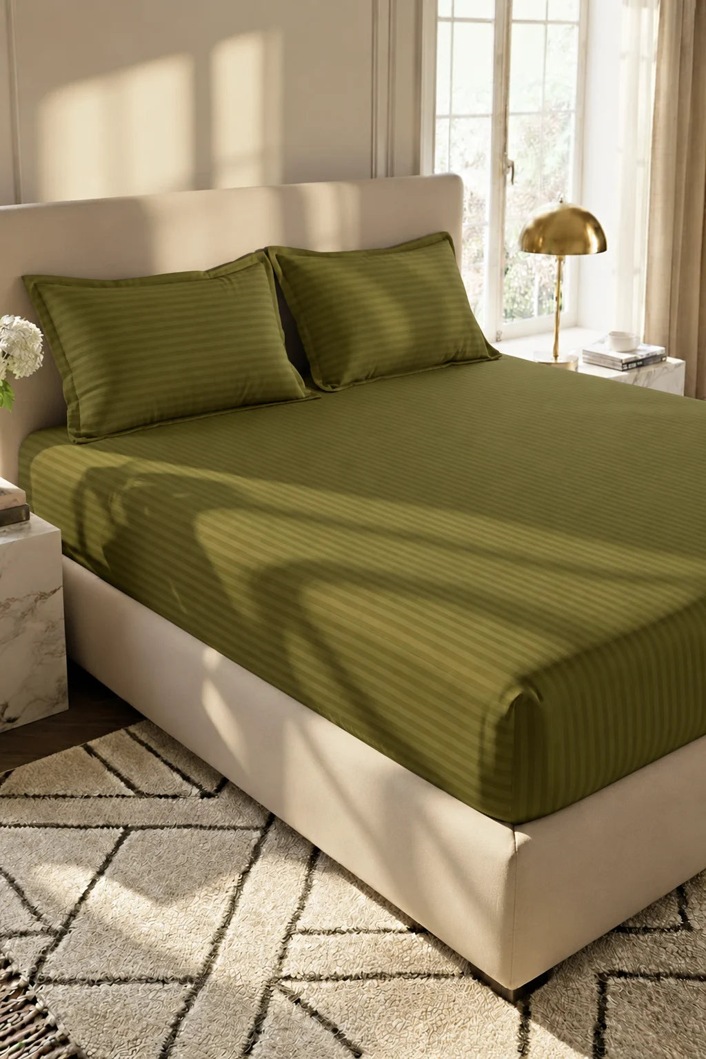 Olive Green Stripe Fitted Bedsheet - King Size