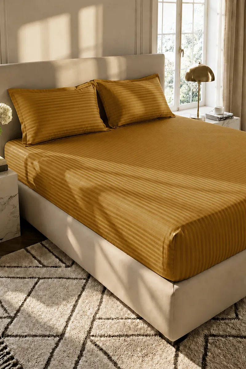 Mustard Brown Stripe Fitted Bedsheet - King Size