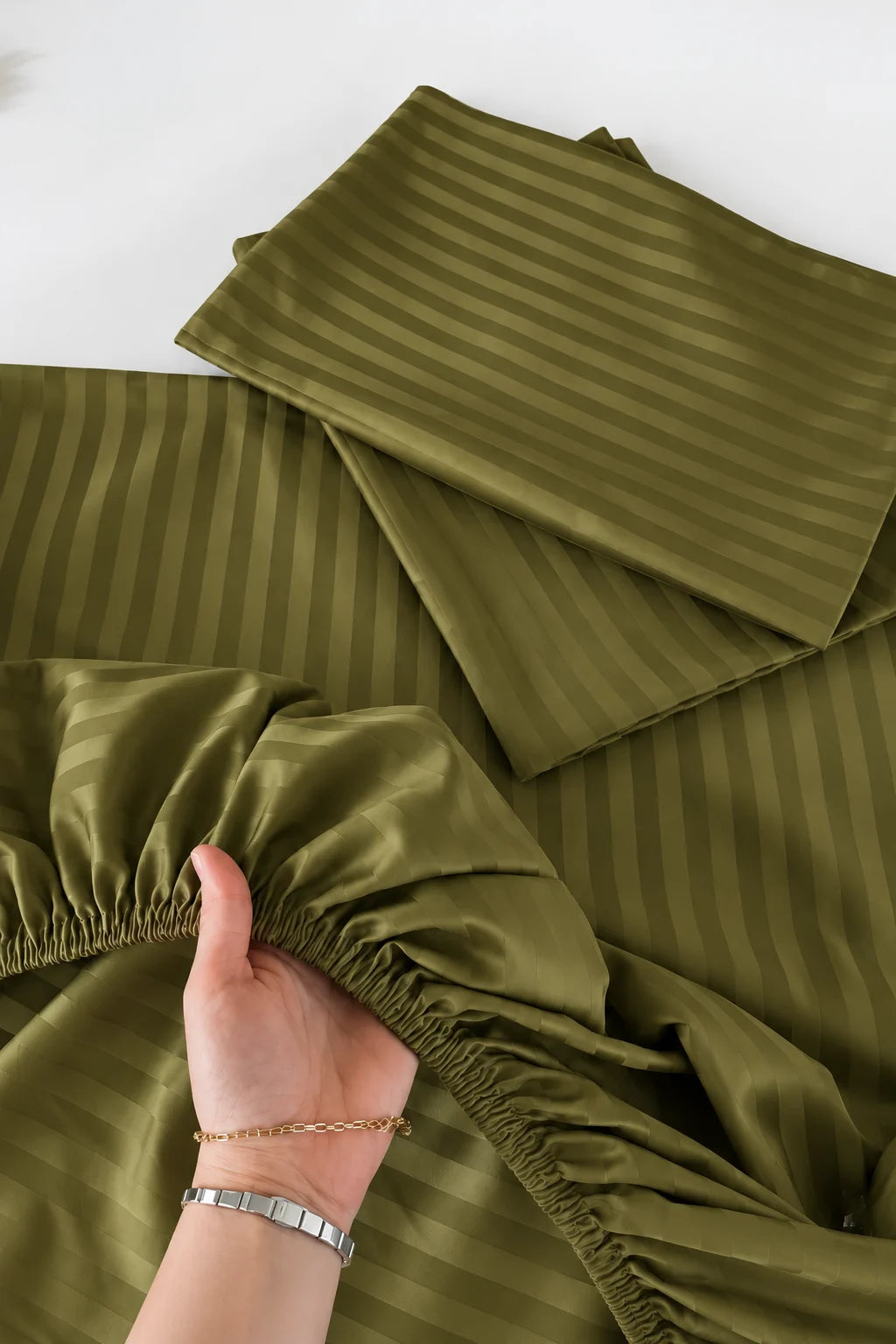 Olive Green Stripe Fitted Bedsheet - King Size